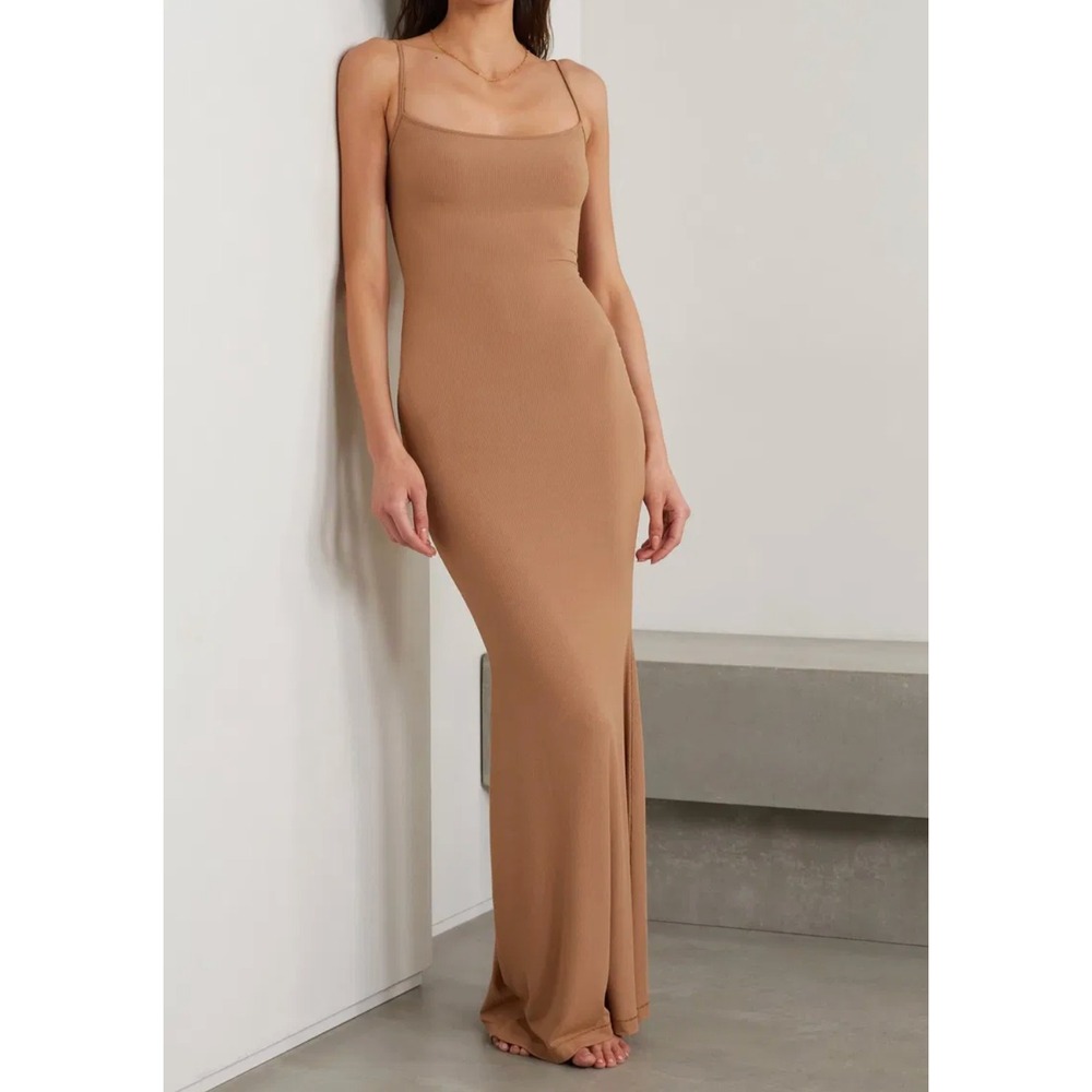 SKIMS Tan Soft Lounge Ribbed Slip Maxi Dress in Camel